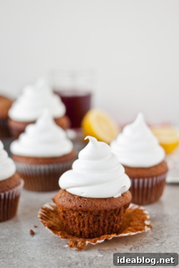 Pomegranate-Kissed Gingerbread Clouds 6 Gingerbread cupcakes beautifully piped with fluffy marshmallow frosting, waiting for the caramel drizzle
