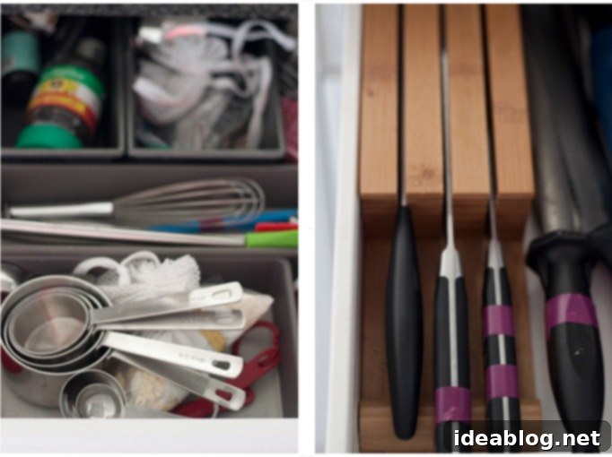 Our Kitchen Unveiled 12 Kitchen drawers organized with baking tools, cutlery, and knives