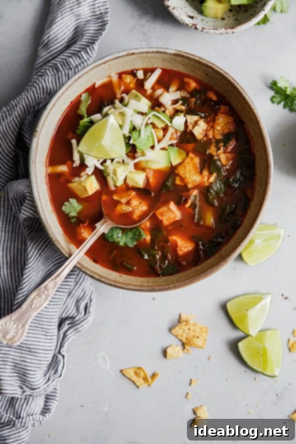 The BEST Authentic Mexican Tortilla Soup - this amazing chicken tortilla soup gets its incredible flavor from dried ancho chiles. Bright, smoky, and spicy! Top with crushed tortilla chips, diced avocado, cilantro, grated cheddar cheese, and lime wedges. A vibrant bowl of Mexican Tortilla Soup, garnished with fresh cilantro and lime, ready to be enjoyed.