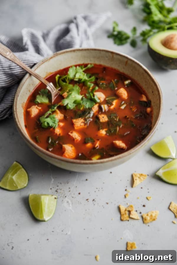 The BEST Authentic Mexican Tortilla Soup - this amazing chicken tortilla soup gets its incredible flavor from dried ancho chiles. Bright, smoky, and spicy! Top with crushed tortilla chips, diced avocado, cilantro, grated cheddar cheese, and lime wedges. Close-up shot of Mexican Chicken Tortilla Soup simmering in a rustic bowl with a spoon.