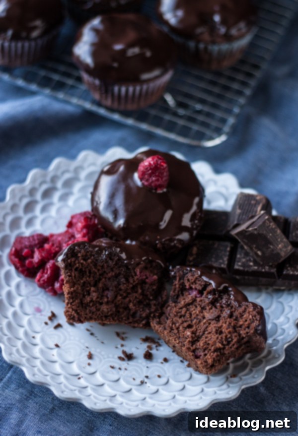 Decadent Dark Chocolate Chunk Raspberry Muffins 6 A close-up of baked Dark Chocolate Chunk Raspberry Muffins