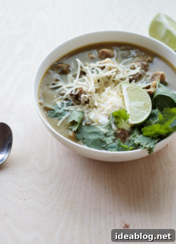 Chile Verde with Pork 6 A bowl of Green Pork Chili, garnished with sour cream and cilantro, showcasing its rich texture.