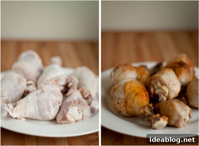 Tender Chicken Braised in Red Wine and Tomato Sauce 5 Golden-brown seared chicken drumsticks in a pan, ready for the braising liquid